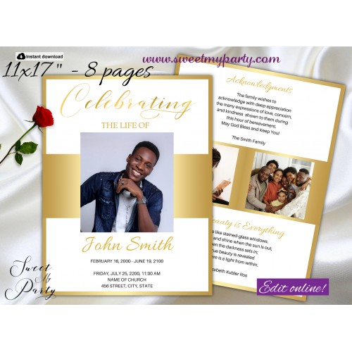 Gold Funeral Program Tabloid,Gold Memorial Service Program 11x17",1-008f,(176f)